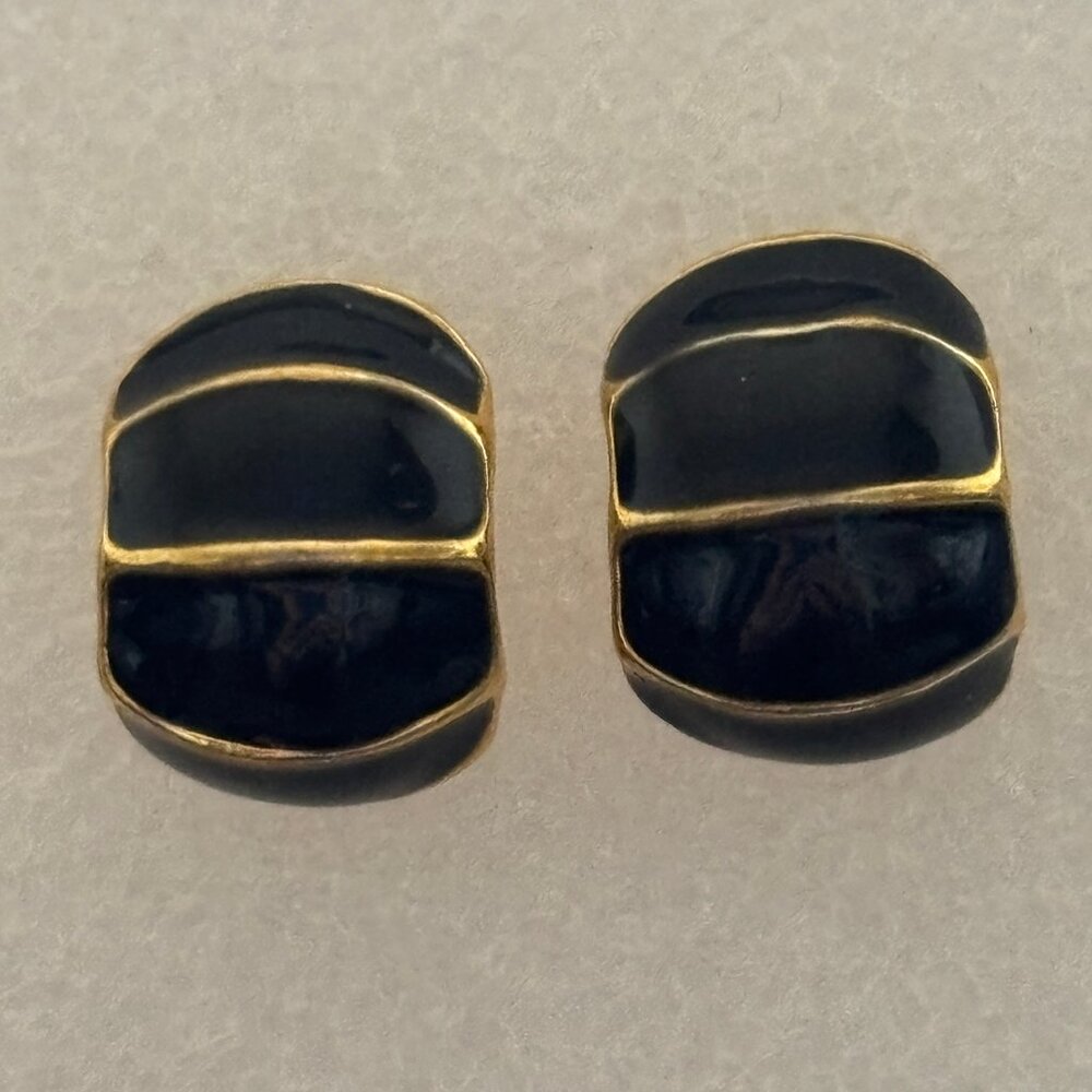 Vintage 90s Black Enamel Gold Tone Mini C Hoop Earrings